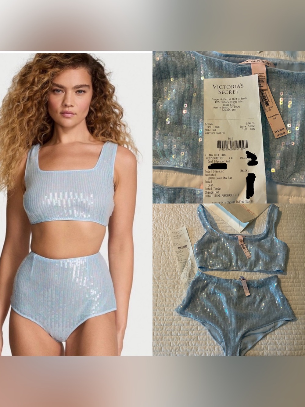Victoria's Secret Iridescent Blue Sequin Ribbed Bralette & High-Waist Brief Set
